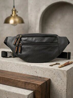 Black Genuine Leather Fanny Pack Large Multi Zippered Waist Bag Design Hip Purse